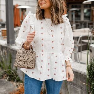 UNIVERSAL THREAD Embroidered Ruffle Swiss Clip Dot Peplum Blouse Top Size M